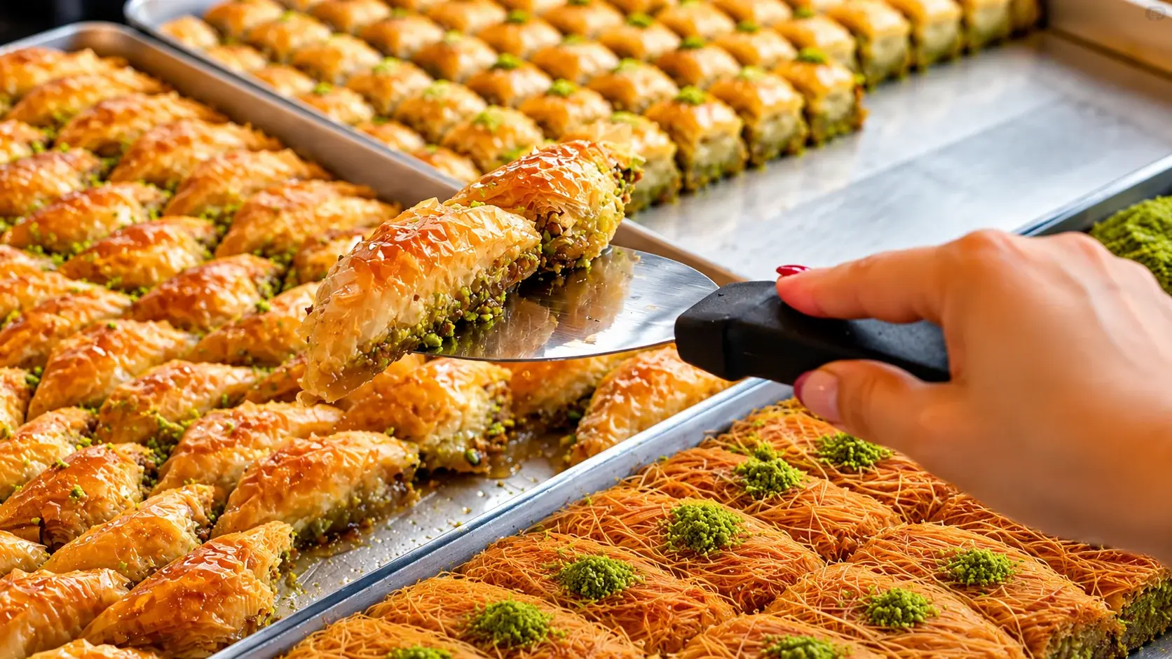 Frische Baklava wird portioniert
