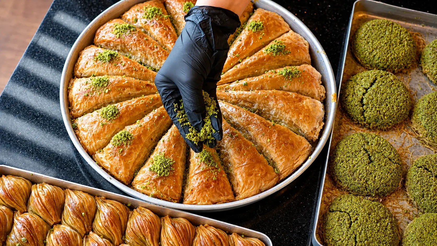 Handgemachte Baklava wird mit Pistazien bestreut