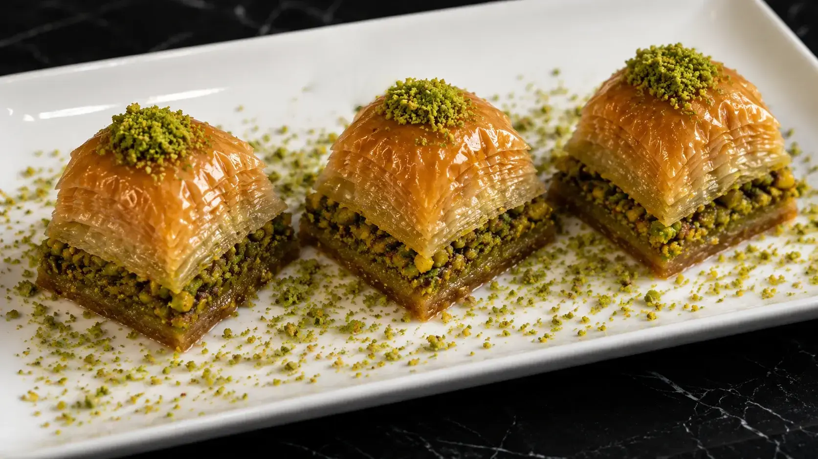 Fıstıklı Baklava mit hauchdünnen Teigschichten und Antep-Pistazien in Nahaufnahme